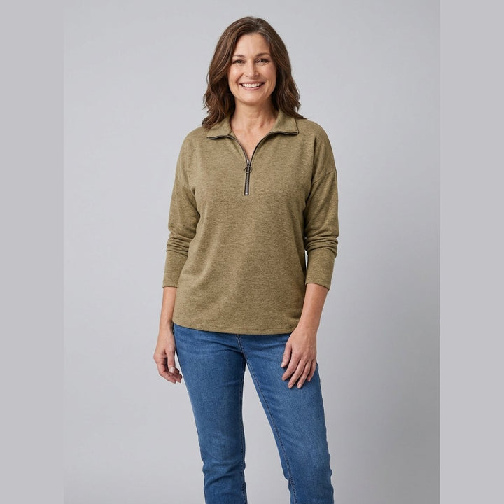 Sheena quarter-zip long-sleeve top in khaki
