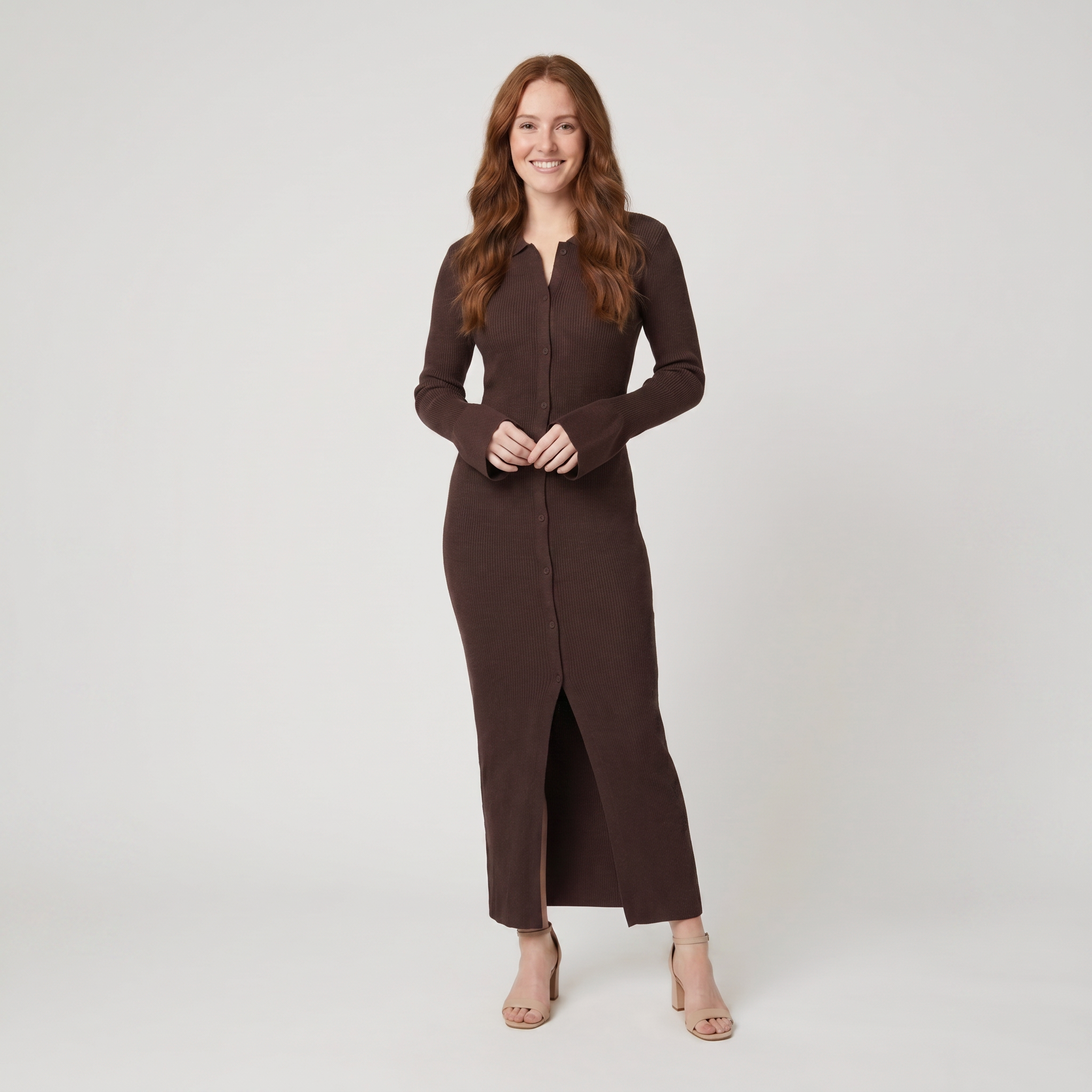 Shelly dark brown ribbed knit collared maxi dress