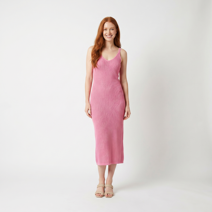 Shelly pink ribbed knit collared maxi dress