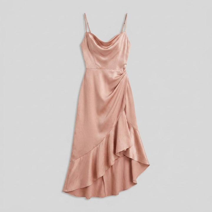 Sidonie satin cowl neck midi dress pink flat lay