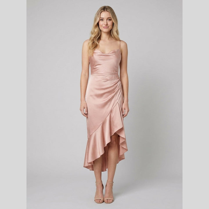 Sidonie satin cowl neck midi dress pink front on model