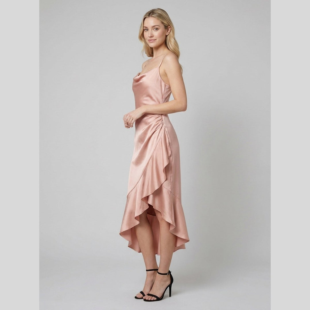 Sidonie satin cowl neck midi dress pink side on model