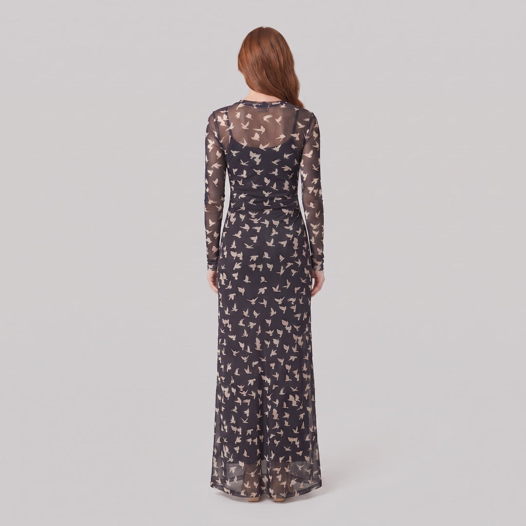 Sienna black mesh maxi dress, back view on model