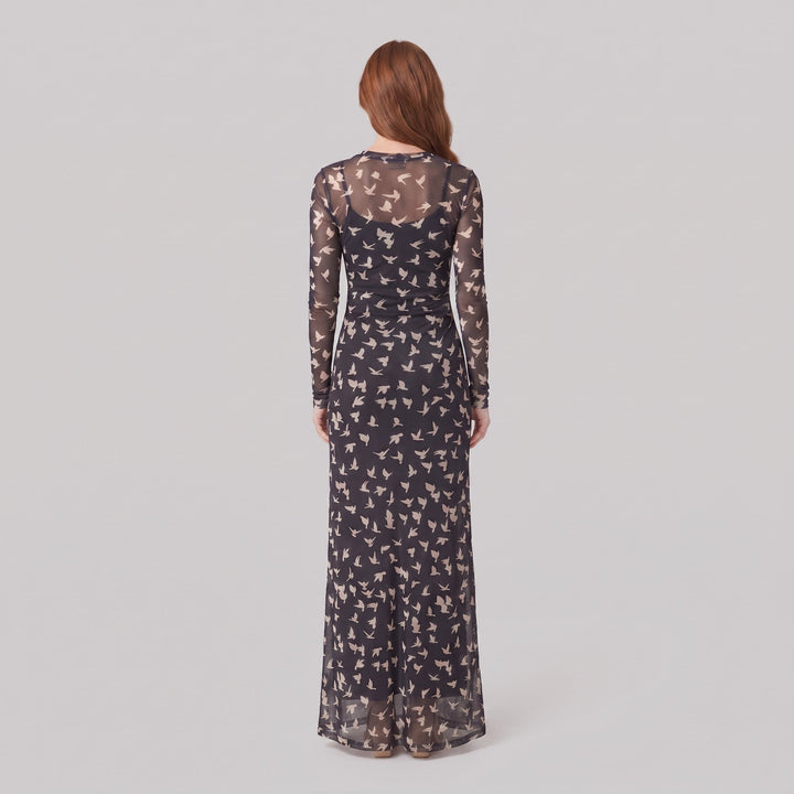 Sienna black mesh maxi dress, back view on model