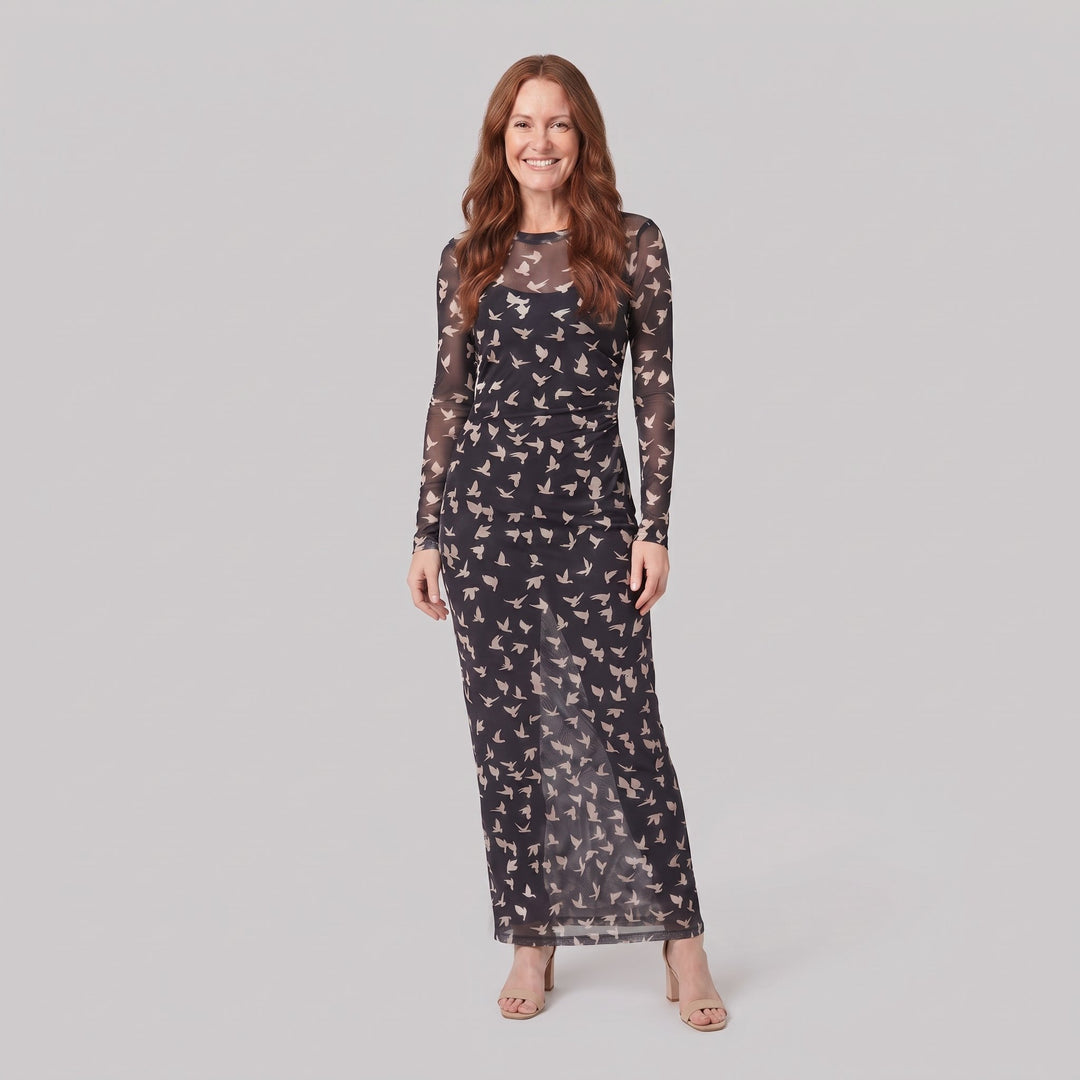 Sienna black mesh long-sleeve maxi dress, front view on model