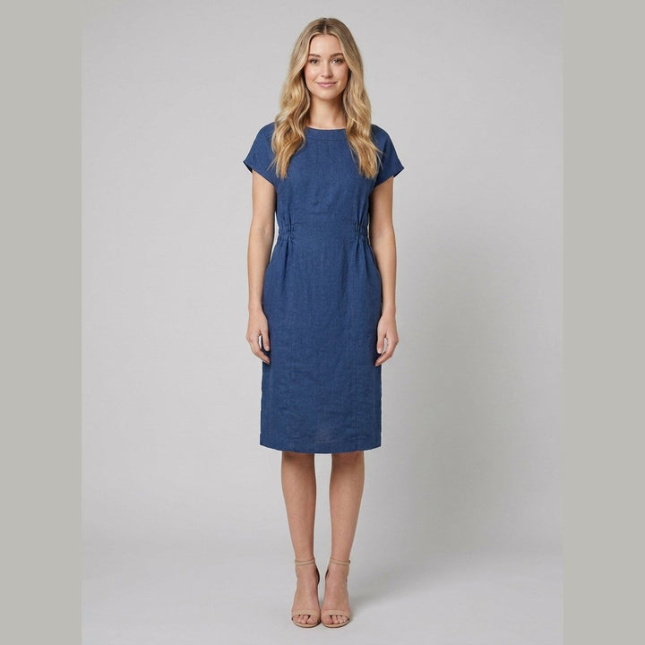 Sierra indigo linen cap-sleeve dress front
