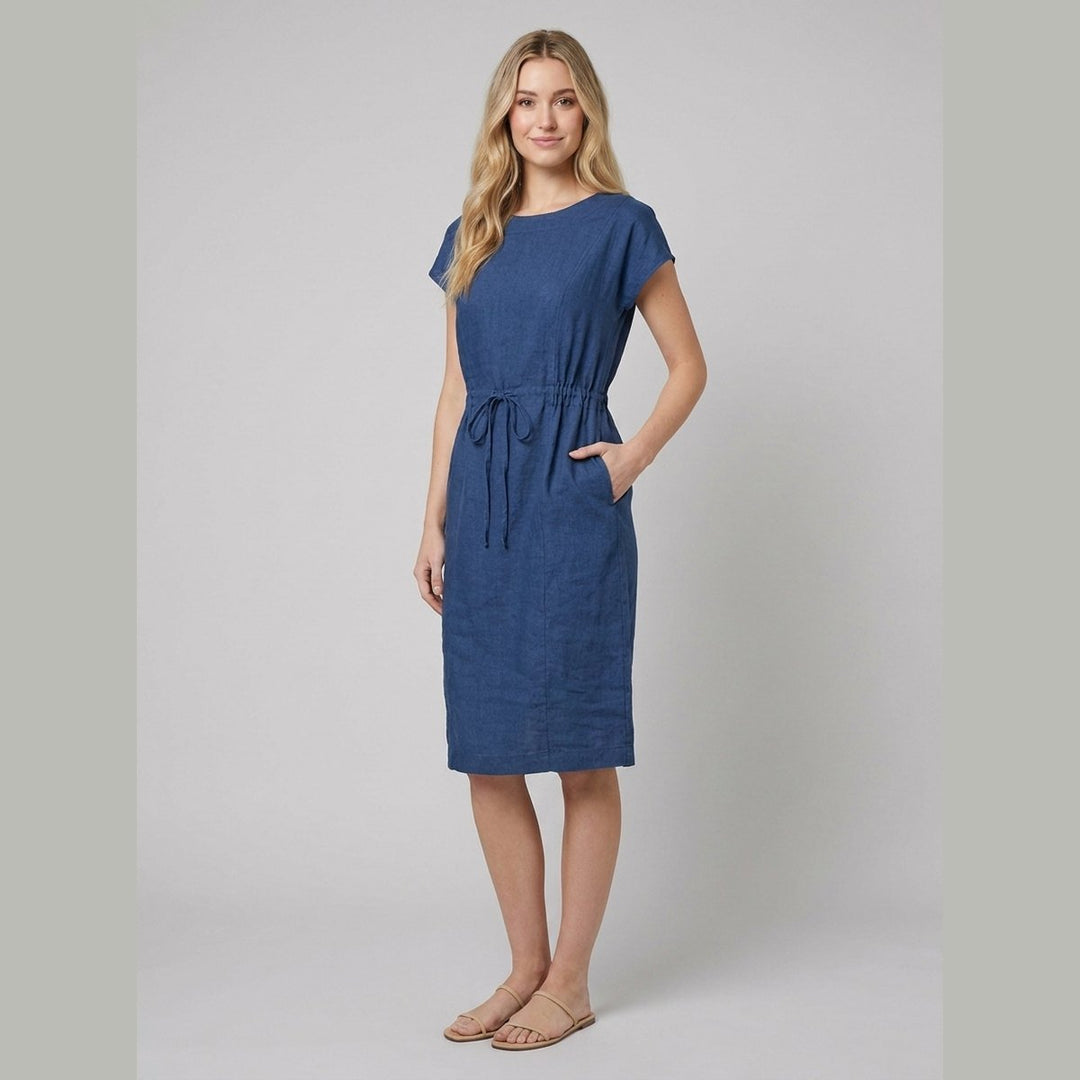 Sierra indigo linen dress side