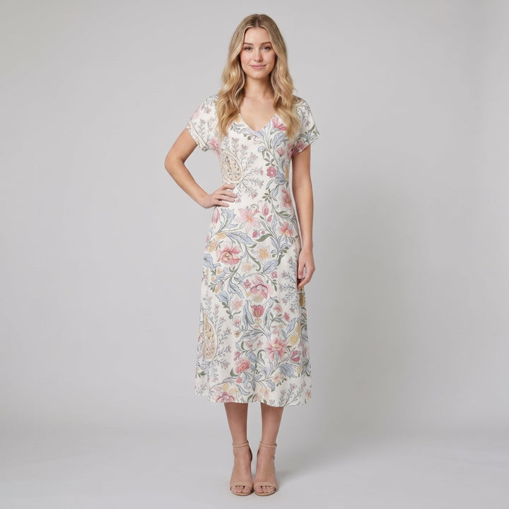 Sixtine floral midi dress, front view on model
