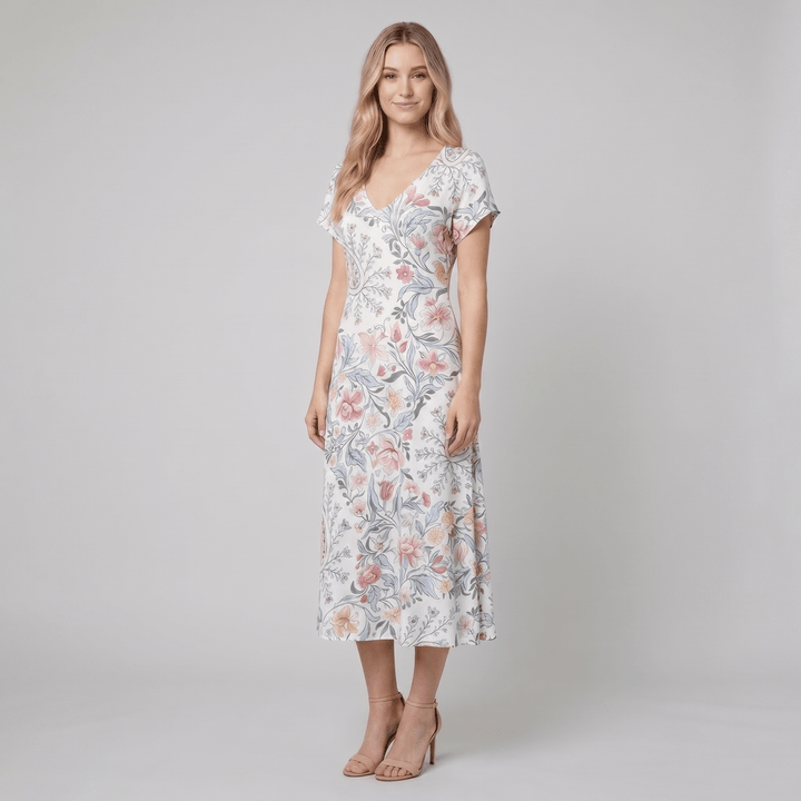 Sixtine floral midi dress, side view on model
