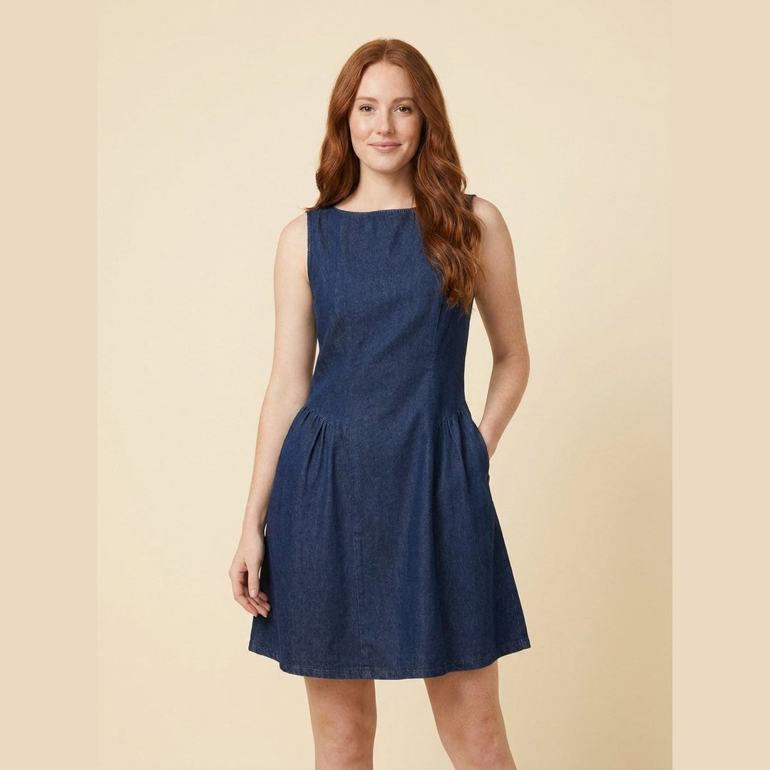 Sleek Denim Dress dark blue sleeveless A-line mini front