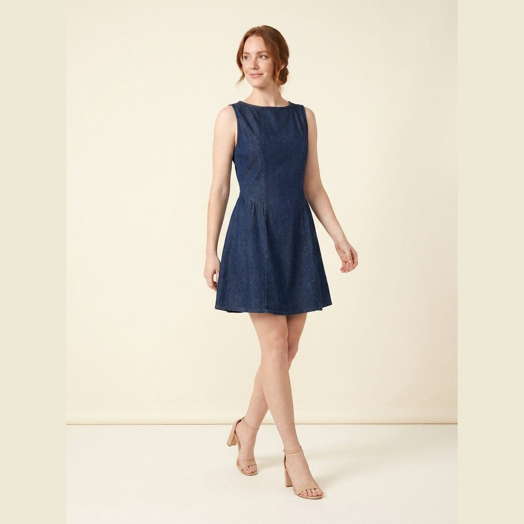 Sleek Denim Dress dark blue worn three-quarter pose