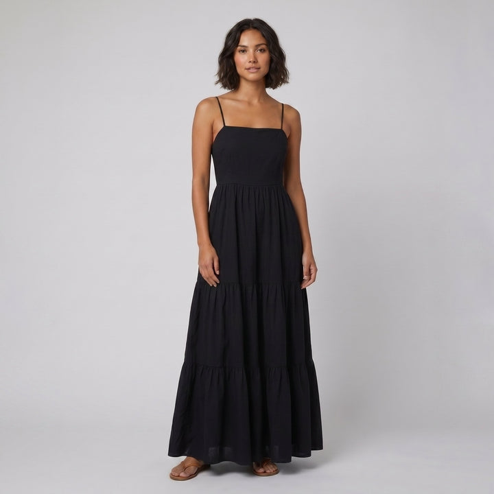 Sola black backless tiered maxi summer dress on model