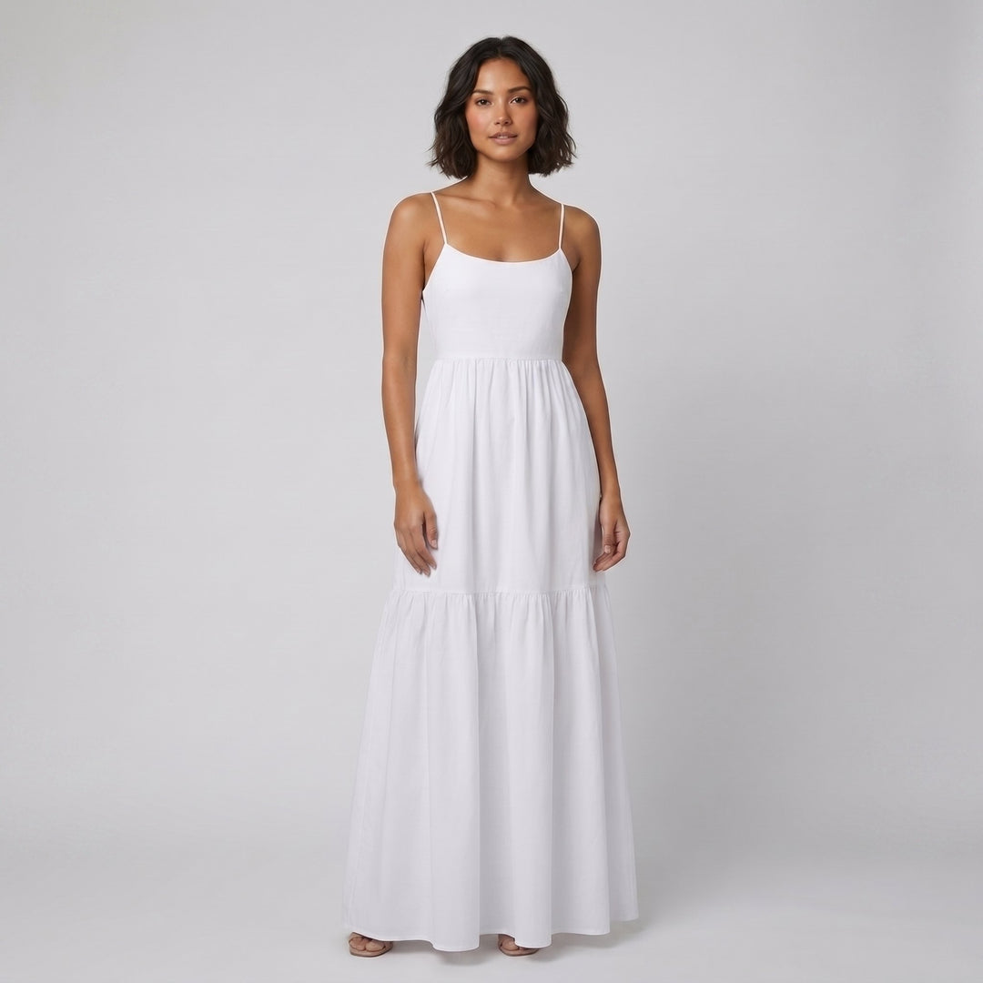 Sola white backless tiered maxi summer dress on model