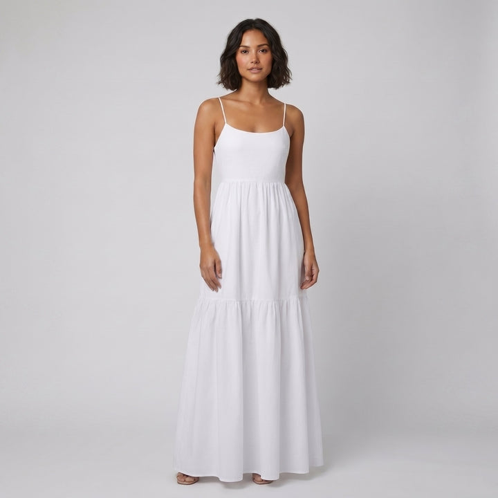 Sola white backless tiered maxi summer dress on model