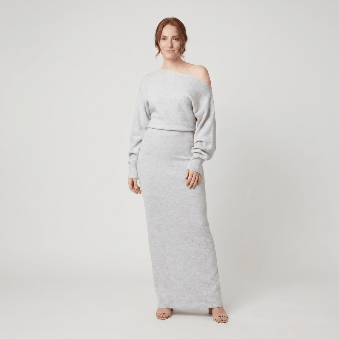 Solange strapless knit maxi dress grey on model