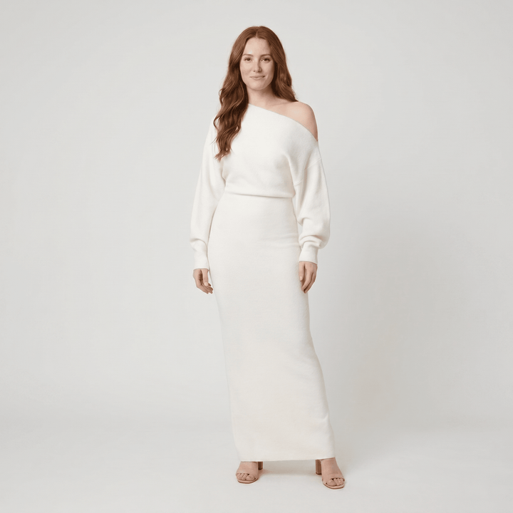 Solange strapless knit maxi dress white on model