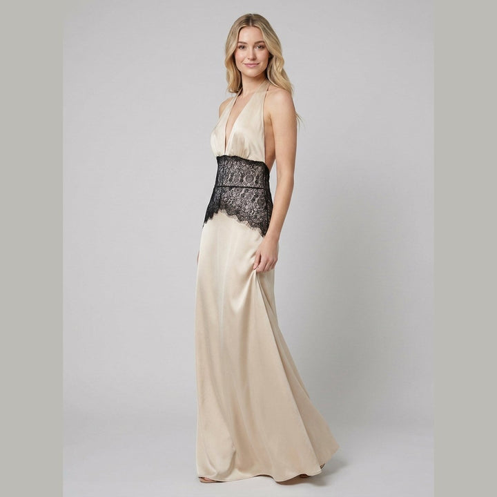 Soleil satin maxi dress side pose