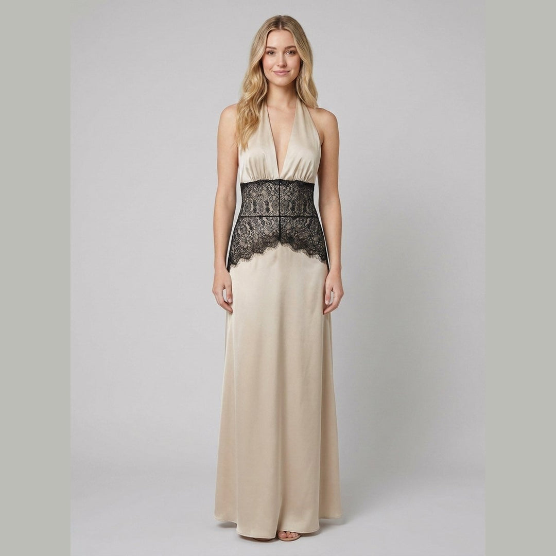 Soleil satin halter backless maxi dress khaki front