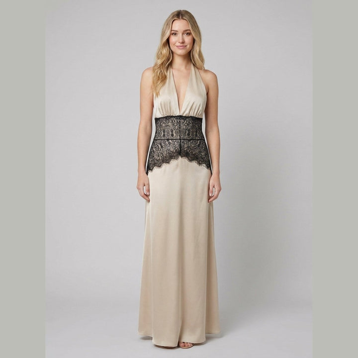 Soleil satin halter backless maxi dress khaki front