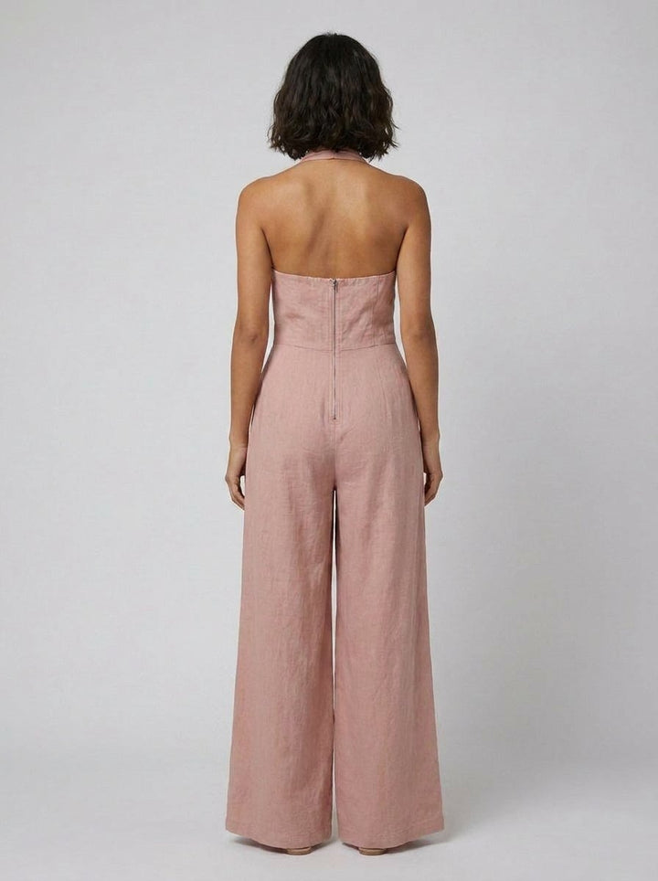 Pink cotton-linen jumpsuit on model, back view
