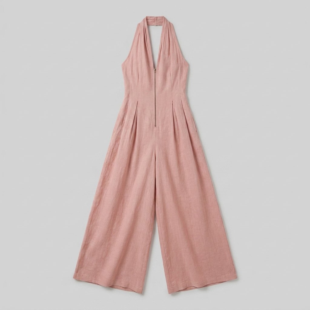 Pink cotton-linen jumpsuit, flat lay