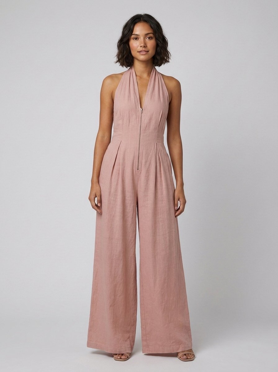 Pink cotton-linen jumpsuit on model, front view