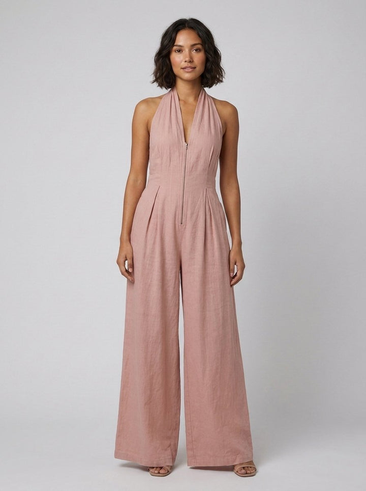 Pink cotton-linen jumpsuit on model, front view