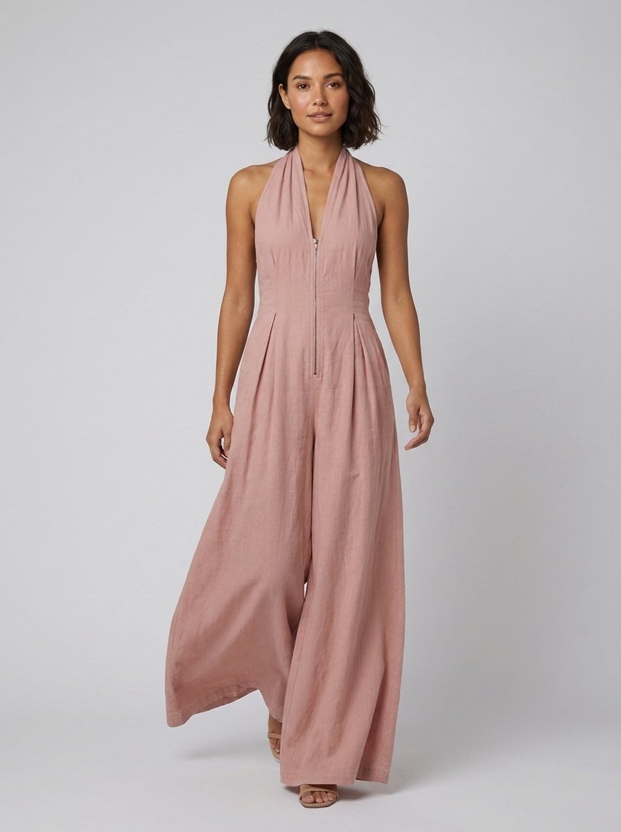 Pink cotton-linen jumpsuit on model, walking