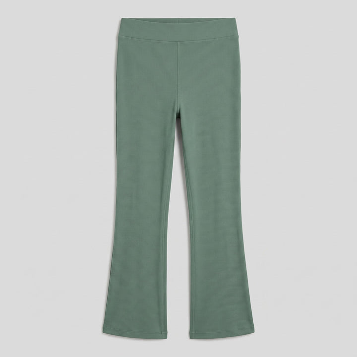Sage green high-rise flare pants flat lay product photo - The store Vancouver