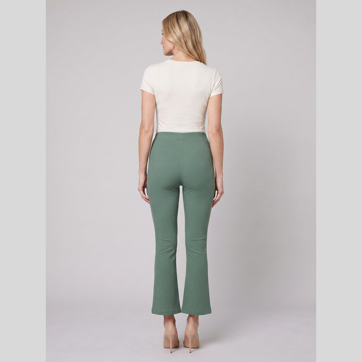 Back view of the sage green high-rise flare pants - The store Vancouver