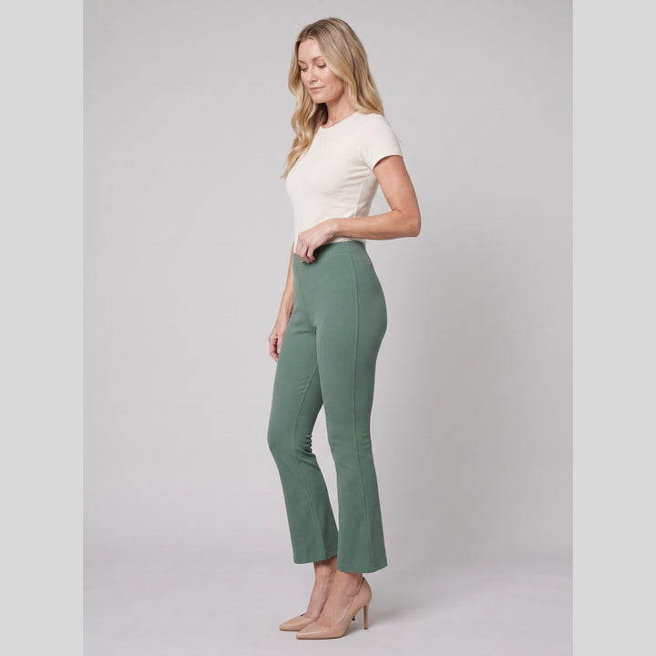 Side view of the sage green high-rise flare pants - The store Vancouver