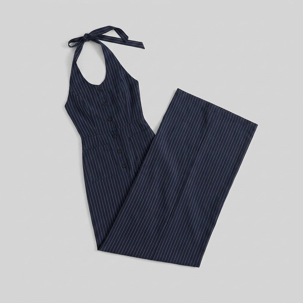 Navy blue pinstriped jumpsuit flat lay