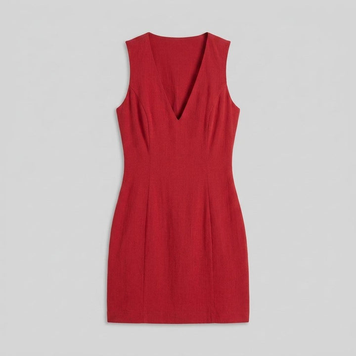 Red V-neck mini dress flat lay