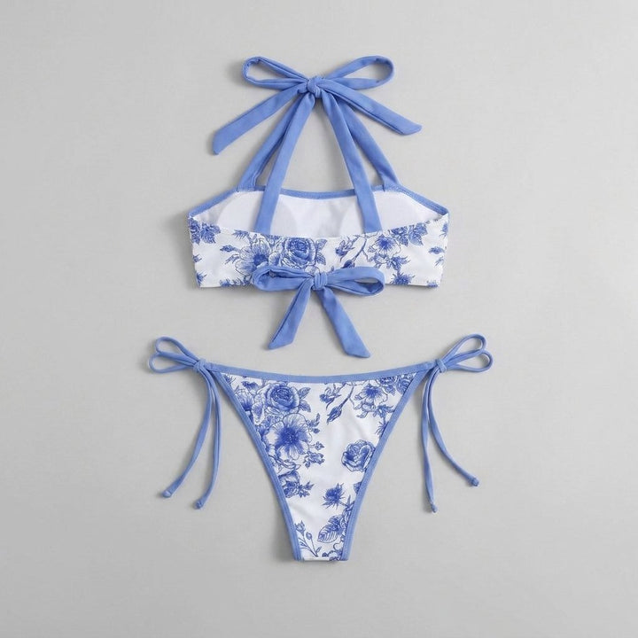 Blue floral bikini set, back view laid flat