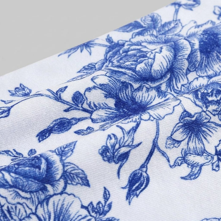 Close-up of the blue floral print swim fabric