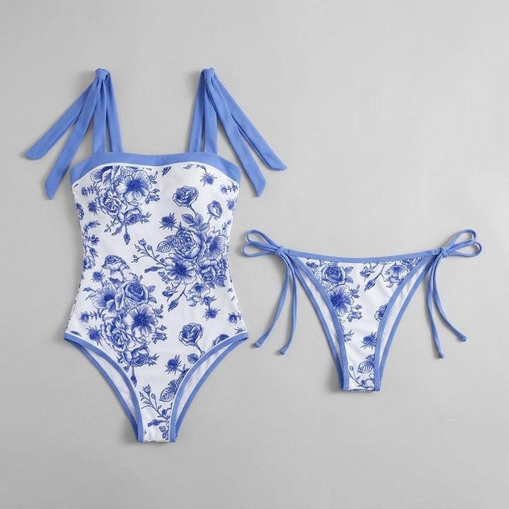 Blue floral bikini set, front view laid flat