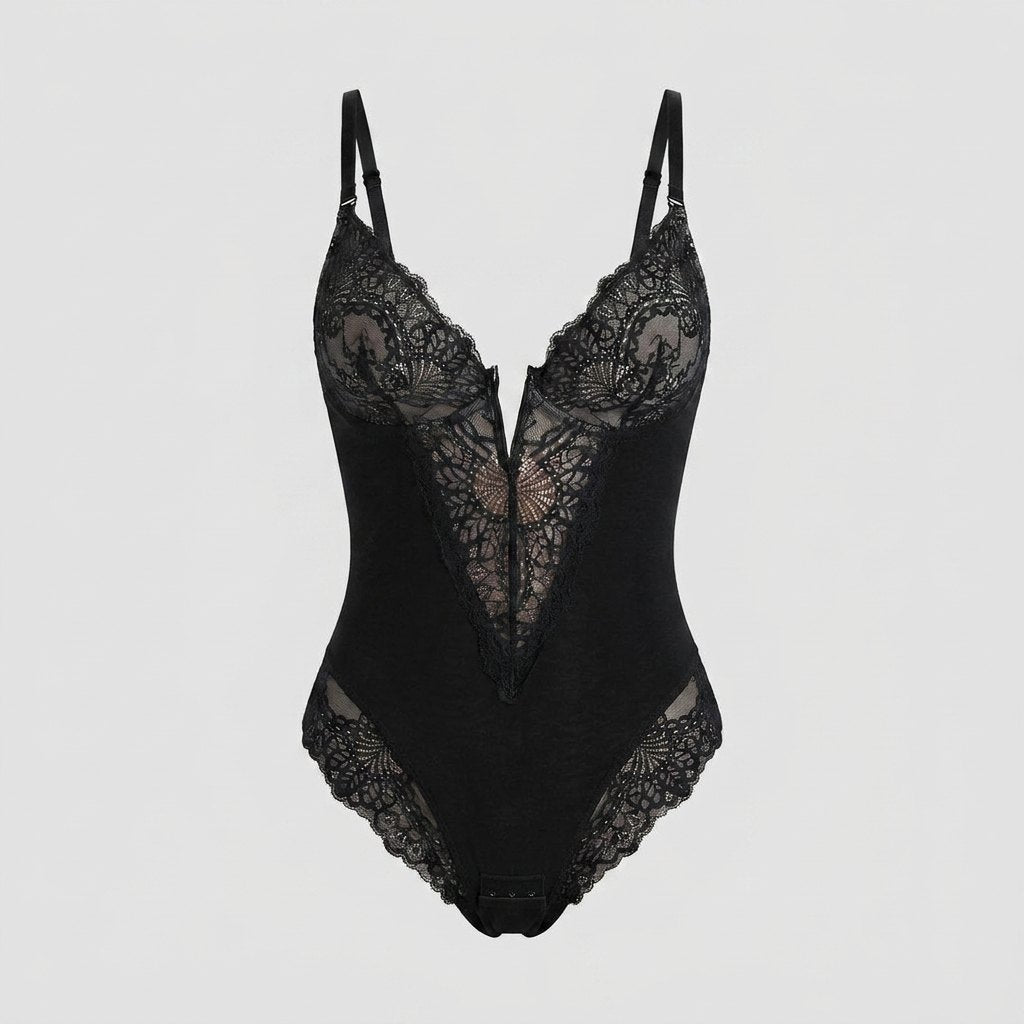Svelte lace deep-V bodysuit black