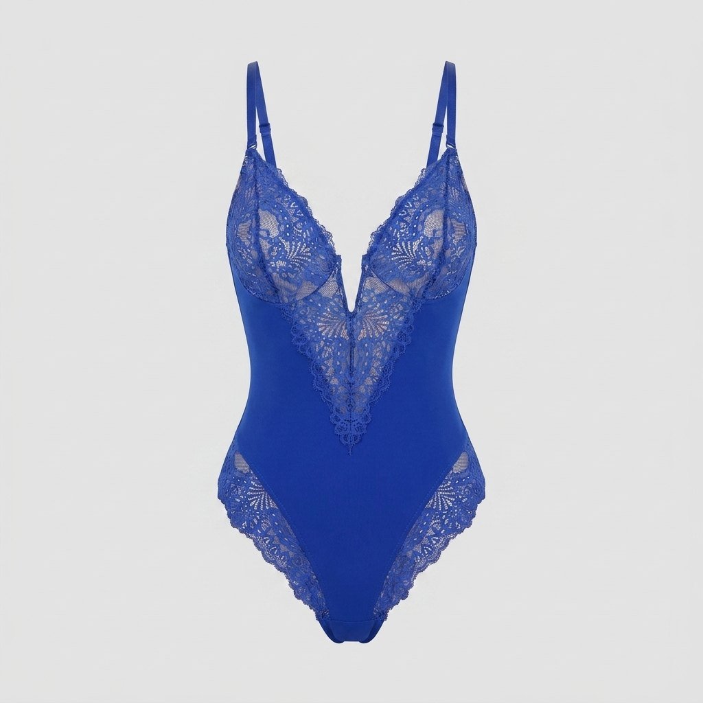 Svelte lace deep-V bodysuit blue