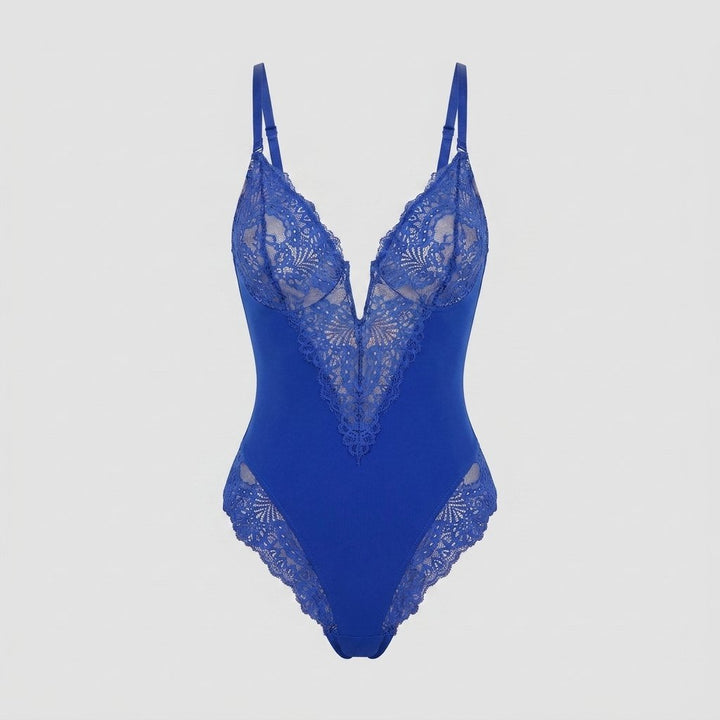 Svelte lace deep-V bodysuit blue