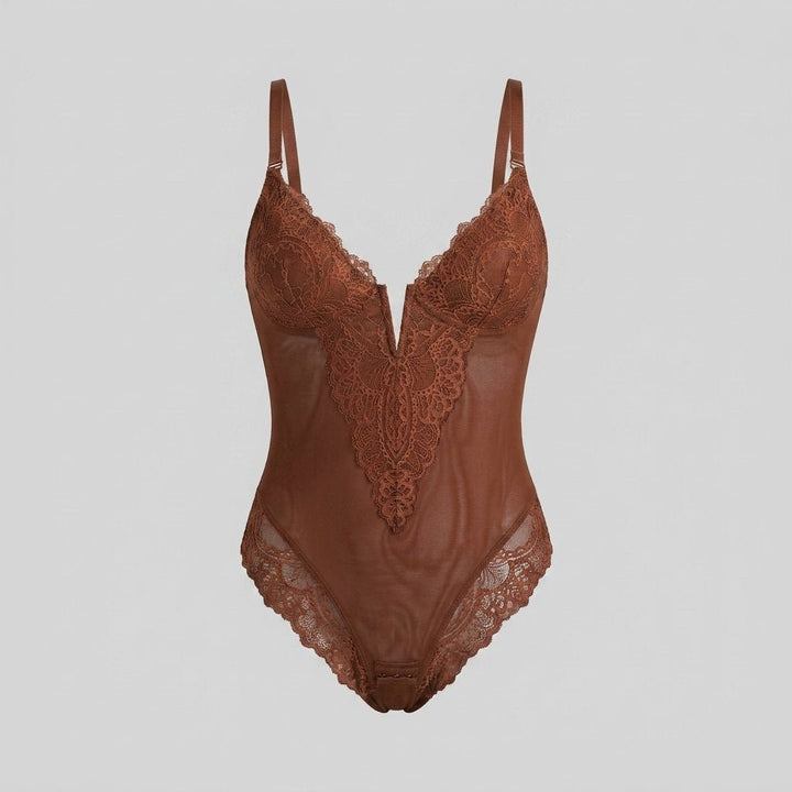 Svelte lace deep-V bodysuit brown