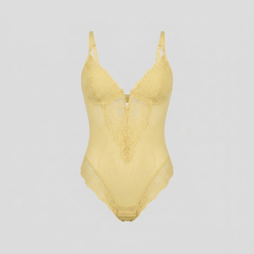 Svelte lace deep-V bodysuit butter yellow