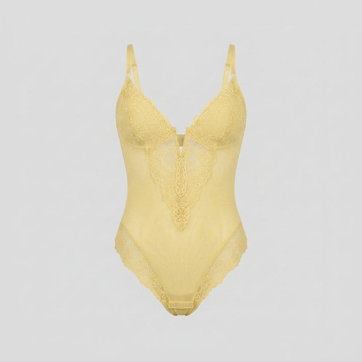 Svelte lace deep-V bodysuit butter yellow