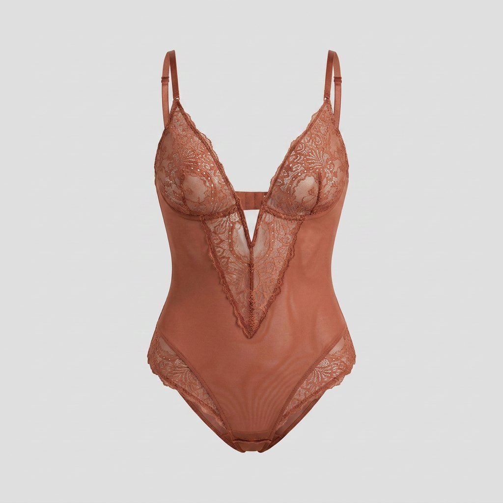 Svelte lace deep-V bodysuit chocolate