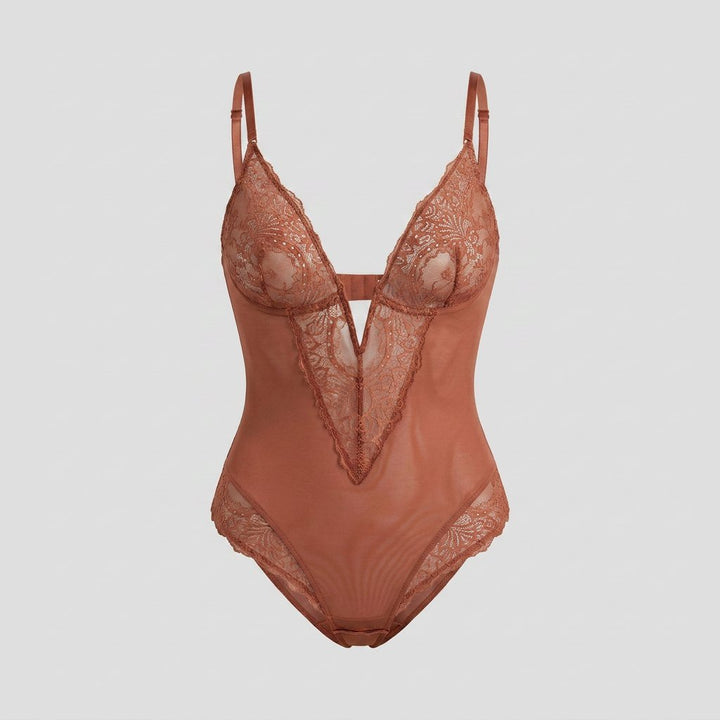 Svelte lace deep-V bodysuit chocolate