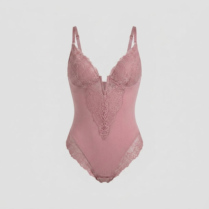 Svelte lace deep-V bodysuit dusty rose