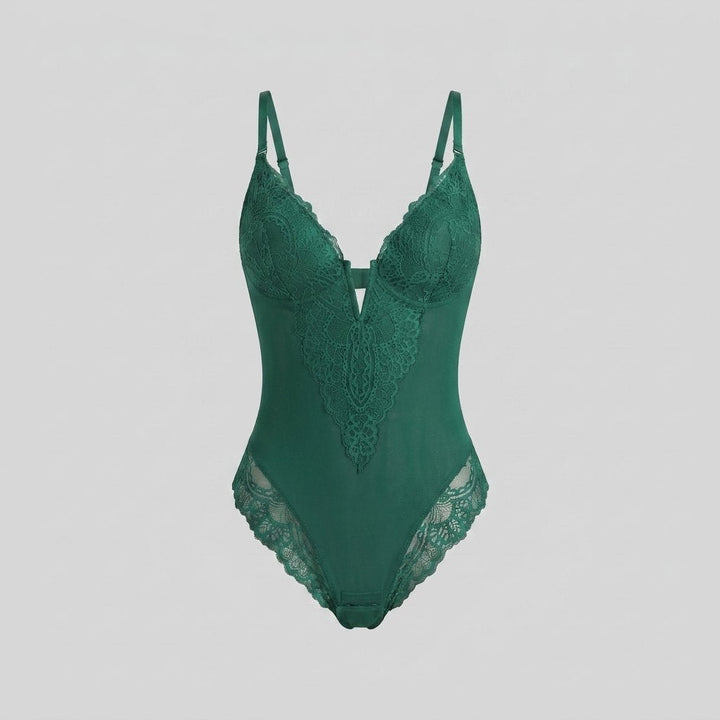 Svelte lace deep-V bodysuit green