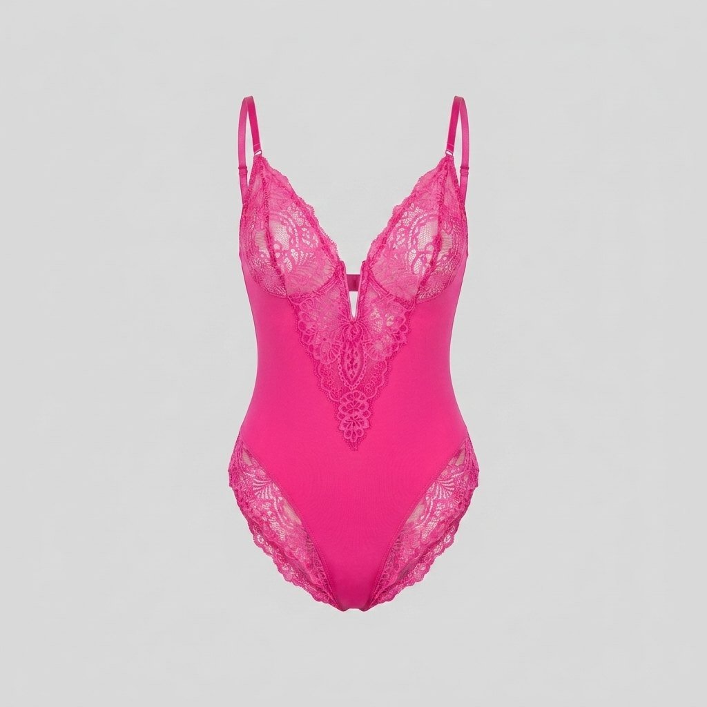 Svelte lace deep-V bodysuit hibiscus pink