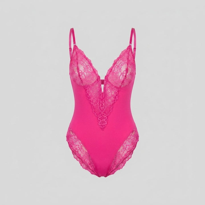 Svelte lace deep-V bodysuit hibiscus pink