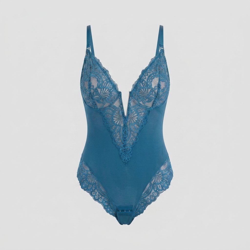 Svelte lace deep-V bodysuit peacock blue