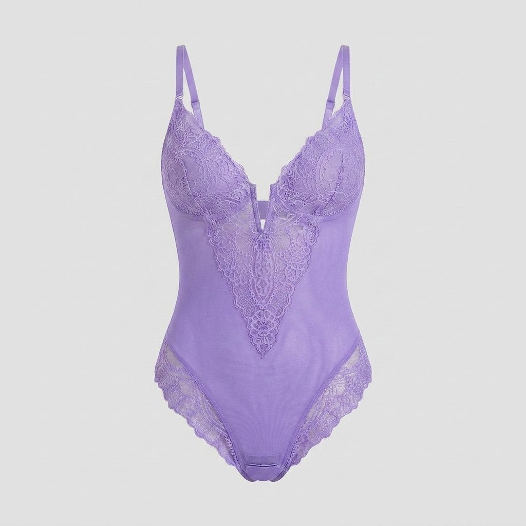 Svelte lace deep-V bodysuit purple